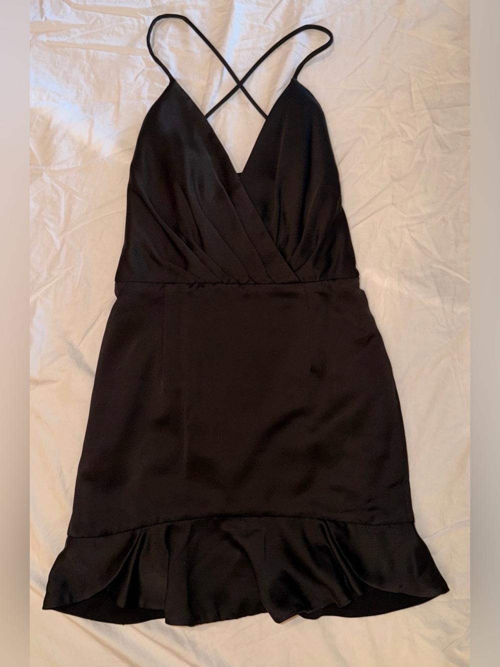 NBD Black Mini Dress with Crossback Straps and Ruffle Hem